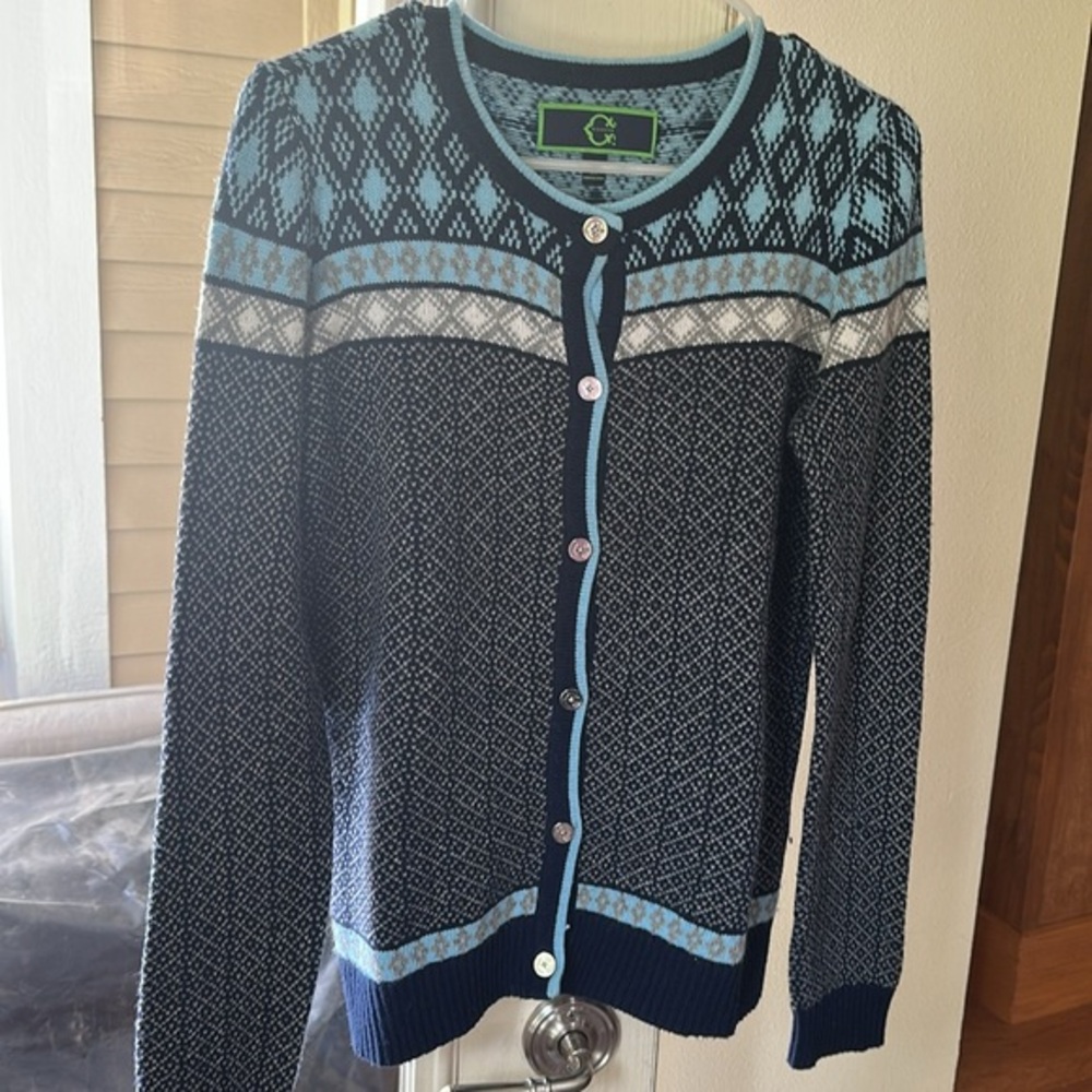 C. Wonder Blue and White Nordic Cardigan Sweater